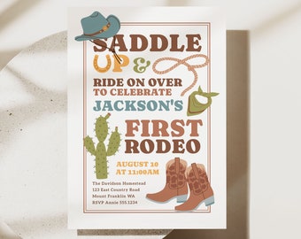 First Rodeo Invitation, Cowboy 1st Birthday Party Invitation Template, Editable Wild West Boy Birthday Invite, Saddle Up Party Evite B388