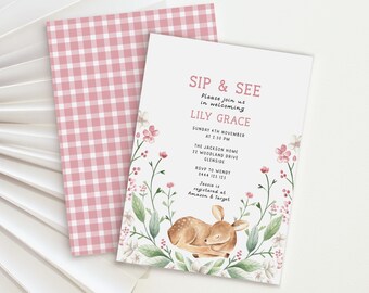 Sip and See Invitation Template Deer Baby Shower Invite Editable Sip & See Woodland 8207