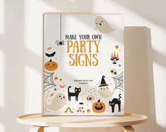 Puede incluir: Una plantilla imprimible de 20,3 x 25,4 cm para hacer tus propios carteles de fiesta de Halloween. La plantilla presenta una variedad de lindos iconos de Halloween, que incluyen fantasmas, calabazas, murciélagos, arañas y maíz dulce.