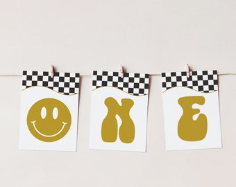 One Happy Dude Highchair Banner imprimible Descarga instantánea Boy 1st Birthday Party Decor Smiley Face Happy Dude Celebration Bunting B030