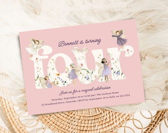 Fairy 4th Birthday Invitation Template, Pink Fairies Birthday Party Invite B338
