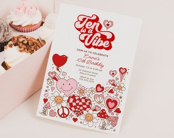 Ten is a Vibe Invitation Template, Groovy Hearts 10th Birthday Invitation, Girl Tenth Birthday Party Evite Editable, Retro Pink and Red B617