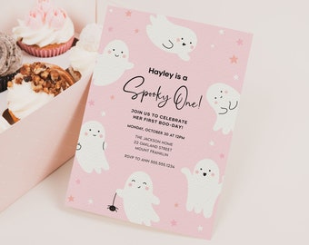 Pink Spooky One Invitation Template, Girl 1st Birthday Party Invite Fall, Cute Ghost First Birthday Invitation Editable, Halloween B107