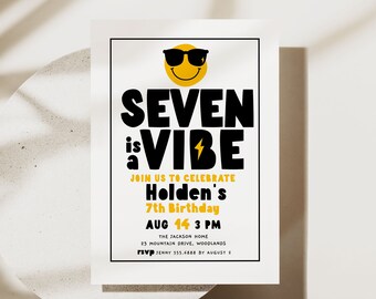 Seven is a Vibe Invitation, Retro 7th Birthday Invite Printable Template B375