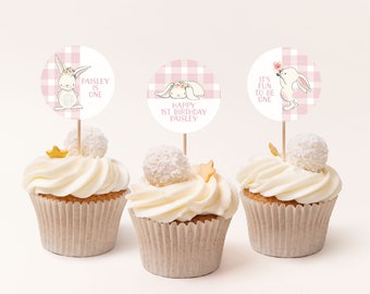 Editable Bunny Cupcake Toppers, Gingham Girl 1st Birthday Decorations, Bunny Rabbit Party Decorations, Floral Easter Cake Toppers 3690