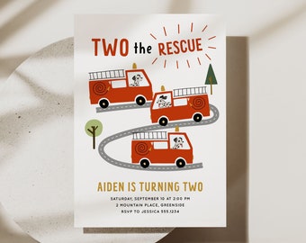 Two the Rescue Invitation, Firetruck Birthday Invite, Boy 2nd Birthday Party Invitation Template, Dalmatian Firefighters, Fire Engine B351