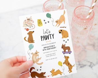 Let's Pawty Birthday Invitation, Puppy Dog Birthday Invite Editable Template B110