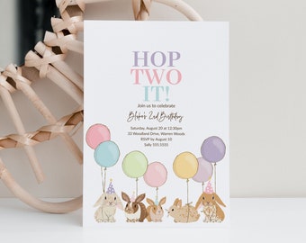 Rainbow Bunny Invitation, Bunnies and Balloons 2nd Birthday Party Invite, Hop Two It Invitation Template, Printable Rabbit Invitation 8137