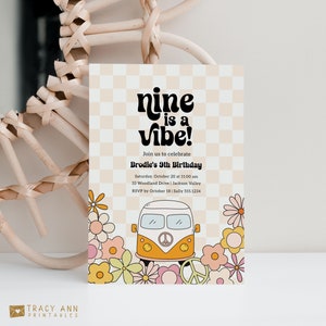 Nine is a Vibe Editable Invitation Retro Theme Girl 9th Birthday Party Invite Template Printable Hippie Van Flower Party Decor Checkers B044