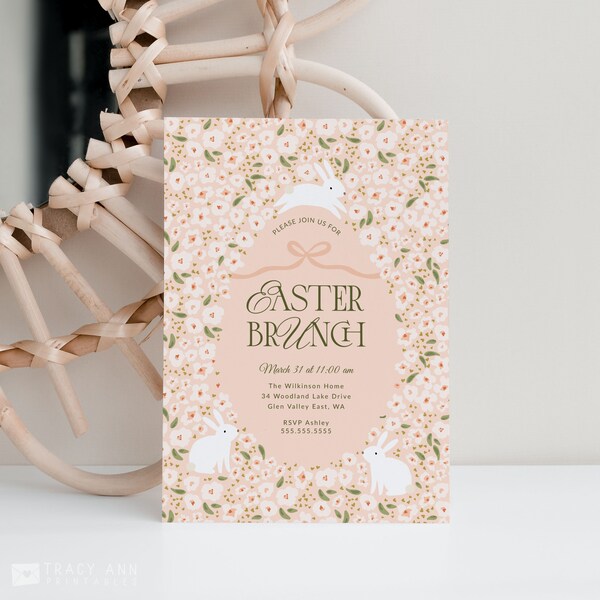 Easter Brunch Invitation Template, Editable Easter Party Invite, Printable Spring Bunny Invitation, Modern Easter Invitation Editable B604