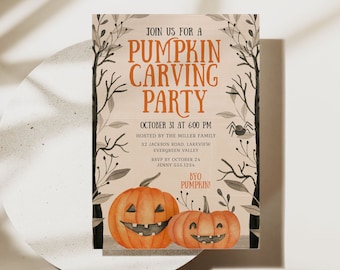 Pumpkin Carving Party Invitation, Editable Halloween Party Invitation Template, Cute Pumpkin Patch Party Invite, Watercolor Evite B414
