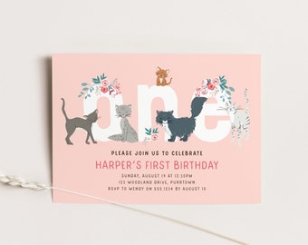 Kitten 1st Birthday Invitation Template, Editable 1st Birthday Invite, Girl Birthday invitation, Instant Download Editable Invite 1520