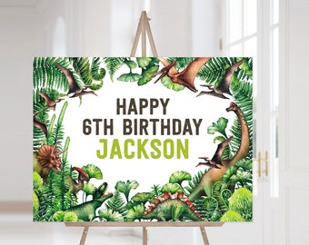 Happy Birthday-bord dinosaurus | Prehistorische verjaardagsdecoratie | Bewerkbaar bord voor verjaardagsfeestje | Sjabloon afdrukbaar bord verjaardag dino | 1703