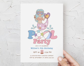 Mermaid Pool Party Invitation, Mermaid Girl Birthday Invitation Template, Groovy Pool Birthday Party Invite Editable, Retro Minimalist B387