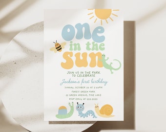 One in the Sun Birthday Invitation, Boy 1st Birthday Park Party Invitation Template, Summer Bug Birthday Invite, Garden Editable Evite B384