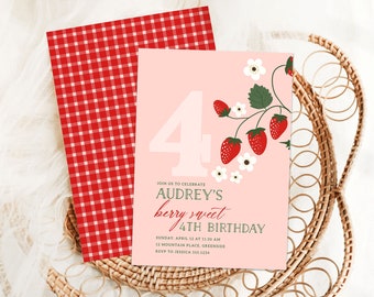 Strawberry 4th Birthday Invitation, Girl Fourth Birthday Party Invitation Template, Printable Spring Berry Party Invite Minimalist B379