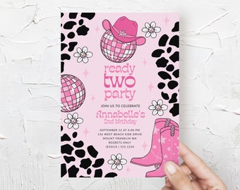 Ready Two Party Invitation, Cowgirl 2nd Birthday Invite Template, Disco Rodeo Birthday, Hot Pink Cowboy Hat Invitation Editable B383