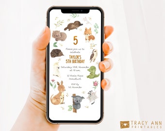 Australische Tiere Geburtstag Telefon Einladung | Koala-Geburtstags-Party Einladung | 5th Birthday Evite | Mobile Texting Invite Template 22012