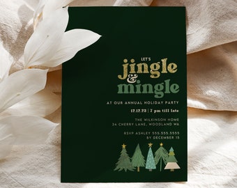 Op de afbeelding: Donkergroene uitnodiging voor een kerstfeest met gouden en groene tekst "Let's jingle & mingle". De uitnodiging bevat de datum, tijd, locatie en RSVP-informatie. Geïllustreerde kerstbomen staan onderaan.