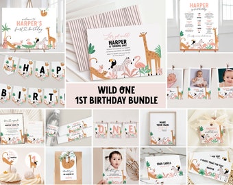 Wild One 1st Birthday Bundle Printable Party Decorations Editable Invitation and Girl 1st Birthday Set of Templates Jungle First Bday 8323