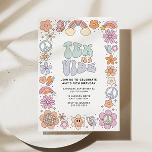 Ten is a Vibe Party Invitation, Groovy 10th Birthday Invitation Template, Printable Girl Tenth Birthday Retro Invite with Flowers B174