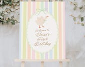 Goose 1st Birthday Welcome Sign, Pastel Rainbow Girl 1st Birthday Welcome Poster Template B985