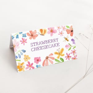 Tendas de comida de aniversário de flores silvestres, etiquetas de comida para meninas para impressão de 1º aniversário, decorações de festa de aniversário de jardim de primavera, cartões de lugar de flores B948