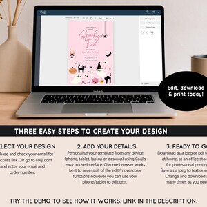 Puede incluir: Una laptop muestra una invitaci&oacute;n rosa para una fiesta de Halloween con "Spooky Fun" y gr&aacute;ficos espeluznantes. Hay un jarr&oacute;n beige y una taza al lado. El texto dice "Edit, download & print today!"