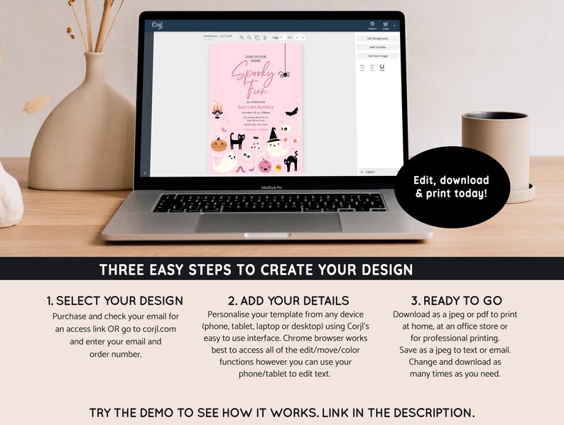 Puede incluir: Una laptop muestra una invitaci&oacute;n rosa para una fiesta de Halloween con "Spooky Fun" y gr&aacute;ficos espeluznantes. Hay un jarr&oacute;n beige y una taza al lado. El texto dice "Edit, download & print today!"