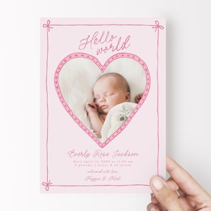 Carte de faire-part bébé fille dessinée à la main, modèle de faire-part de bébé, faire-part de naissance moderne modifiable, carte photo dessinée B700 à la main