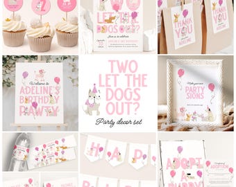 Peut inclure: Ensemble de décorations de fête roses et blanches sur le thème des chiens. Comprend des décorations de cupcakes, des invitations, des étiquettes cadeaux, des panneaux, des bannières et des étiquettes alimentaires. Le texte comprend "Two Let The Dogs Out ?" et "Happy Birthday Pawty".