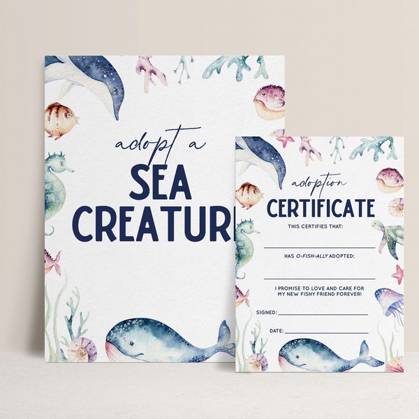 Adopt a Sea Creature Printable Party Game, Adopt a Fish Birthday Game, Under the Sea Party Decor, Adoption Certificate and Sign B350