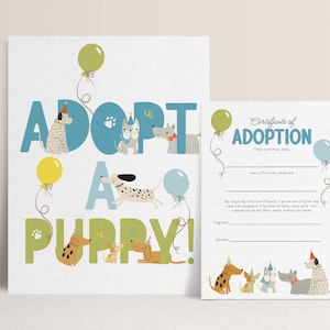 Adopt a Puppy Sign, Adopt a Puppy Dog Party Game, Girl Birthday Games, Puppy Adoption Certificate, Puppies Party Decor Printable B925