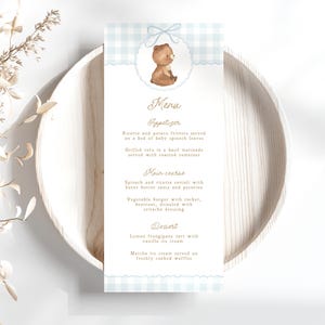 Teddy Bear Baby Shower Menu, Boy Baby Shower Printable Menu Template, Bear Baby Shower Decorations, Baby Sprinkle Dinner Menu Editable B980