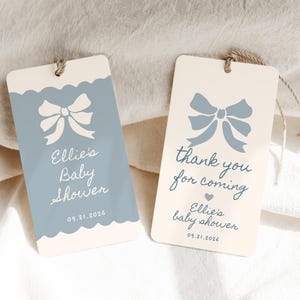 Bow baby shower tags, afdrukbare jongensbaby shower gunst tag, moderne handgetekende babyshower bedankkaartje sjabloon, bewerkbare traktatie tags C044