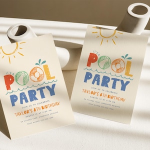 May include: It's a Pool Party invitation with a colorful illustration of a pool float and the text "It's a Pool Party" in a playful font. The invitation is for Taylor's 8th birthday and includes the date, time, and location of the party.