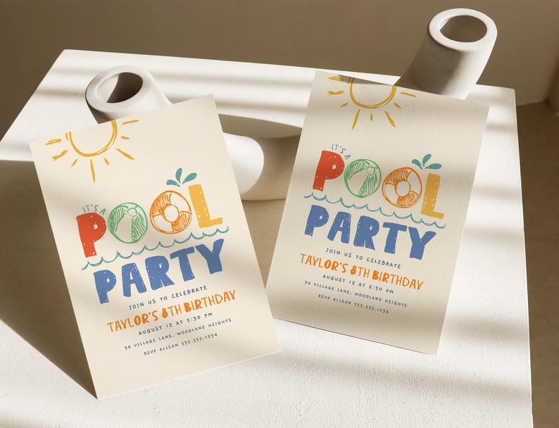 May include: It's a Pool Party invitation with a colorful illustration of a pool float and the text "It's a Pool Party" in a playful font. The invitation is for Taylor's 8th birthday and includes the date, time, and location of the party.