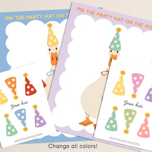 May include: Party game printables featuring a goose with a party hat, and colorful party hats. The text "Pin the Party Hat on the Goose" and "Goose hats" are visible. The image has a light background and is suitable for children's parties.