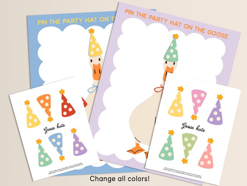 May include: Party game printables featuring a goose with a party hat, and colorful party hats. The text "Pin the Party Hat on the Goose" and "Goose hats" are visible. The image has a light background and is suitable for children's parties.