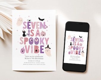 May include: A Halloween-themed invitation with the text "SEVEN IS A SPOOKY VIBE" in purple and pink. The design includes ghosts, a black cat, a bat, and a pumpkin. A smartphone displays the same invitation.