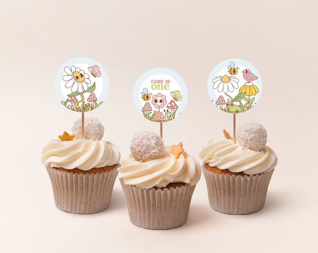 Retro Flower Cupcake Toppers, Printable Groovy Cake Topper Template ...