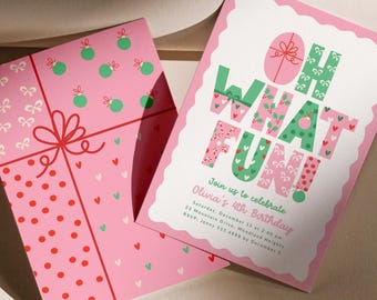 Può includere: Due inviti rosa per una festa di compleanno. Uno presenta un design a forma di regalo con fiocchi e cuori. L'altro dice "OH WHAT FUN!" in verde e rosa, con i dettagli della festa. Gli inviti sono per il 4° compleanno di Olivia.