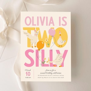 Two Silly Invitation, Silly Goose Girl Birthday Invitation, Goose 2nd Birthday Party Invite, Printable Two Silly Goose Party Evite B937