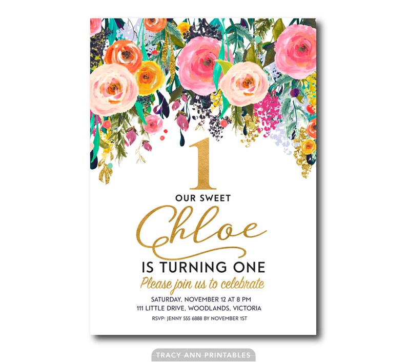 Floral 1st Birthday Invitation. Flower Girl Birthday Etsy