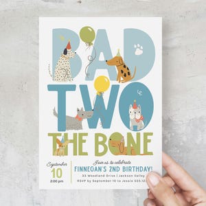 Bad Two The Bone Dog Birthday Party Invitation, Puppy 2nd Birthday Invite, Boy Birthday Party Invite Template B925