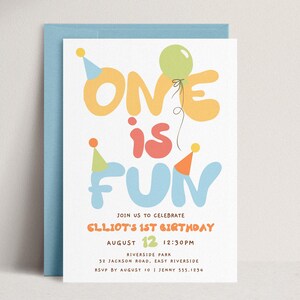 L'une est amusante, modèle d'invitation à une fête d'anniversaire coloré, premier anniversaire de garçon Evite B981