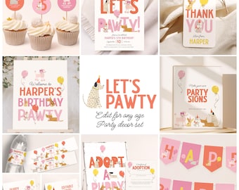 Puppy Birthday Invitation Bundle, Dog Pawty Printable Birthday Decorations B924