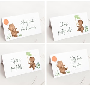 Tentes de nourriture pour premier anniversaire Beary, étiquettes de nourriture imprimables ours en peluche, décorations de fête d'anniversaire ours, modèle de marque-places anniversaire ours B078