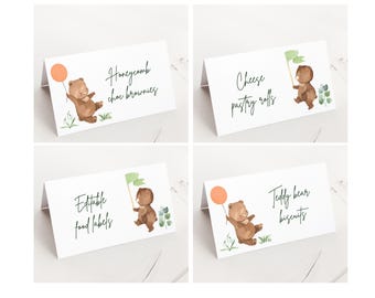 Beary First Birthday Food Tents, Printable Teddy Bear Food Labels, Bear Birthday Party Decorations, Bear Birthday Place Card Template B078