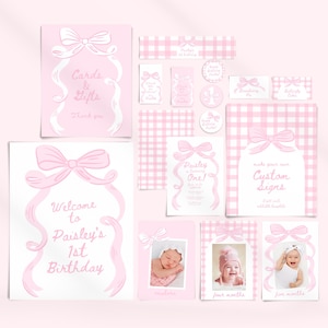Bow 1st Birthday Invitation Party Bundle, Pink First Birthday Invite and Party Set Template B908